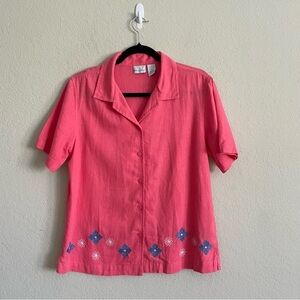 Kim Rogers Pink Floral Women's Top size M linen blend coastal summer gma core
